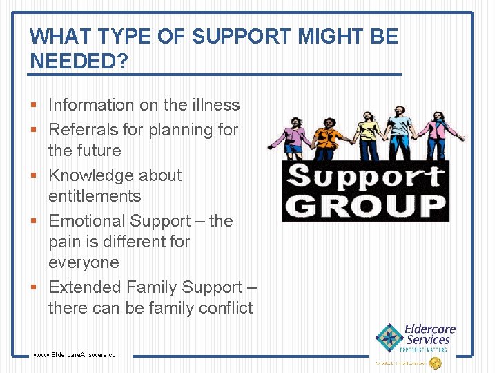 WHAT TYPE OF SUPPORT MIGHT BE NEEDED? § Information on the illness § Referrals