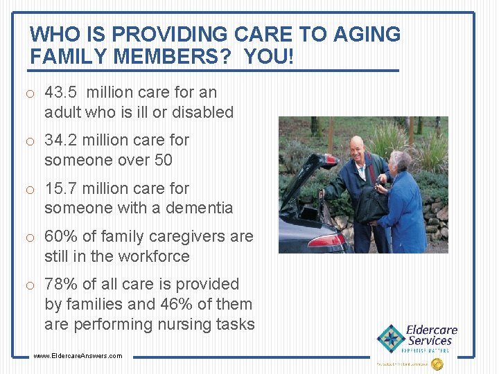 WHO IS PROVIDING CARE TO AGING FAMILY MEMBERS? YOU! o 43. 5 million care