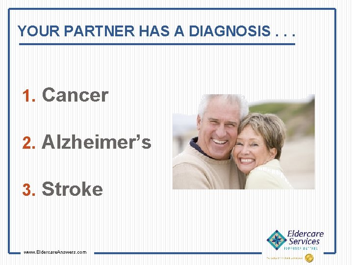 YOUR PARTNER HAS A DIAGNOSIS. . . 1. Cancer 2. Alzheimer’s 3. Stroke www.