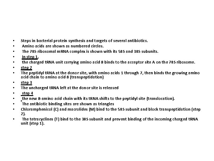  • • • • Steps in bacterial protein synthesis and targets of several