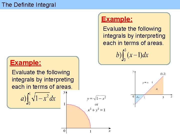 The Definite Integral Example: Evaluate the following integrals by interpreting each in terms of