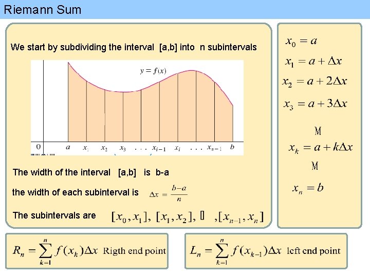 Riemann Sum We start by subdividing the interval [a, b] into n subintervals The