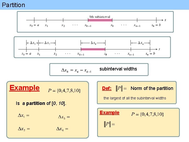 Partition subinterval widths Example Def: Norm of the partition the largest of all the