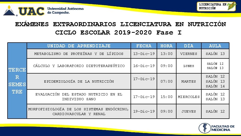 LICENCIATURA EN NUTRICIÓN EXÁMENES EXTRAORDINARIOS LICENCIATURA EN NUTRICIÓN CICLO ESCOLAR 2019 -2020 Fase I