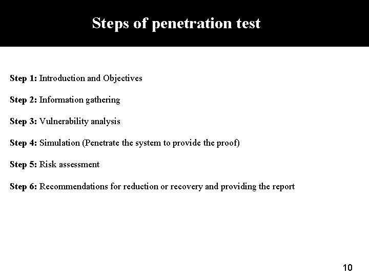 Steps of penetration test Step 1: Introduction and Objectives Step 2: Information gathering Step