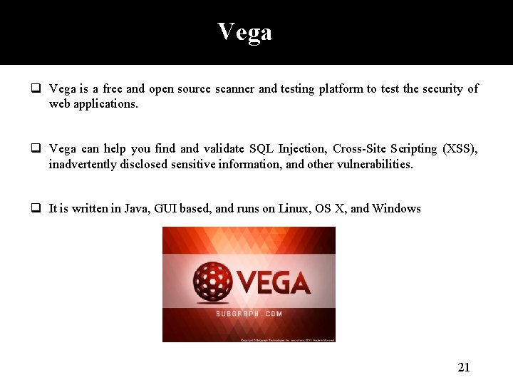 Vega q Vega is a free and open source scanner and testing platform to