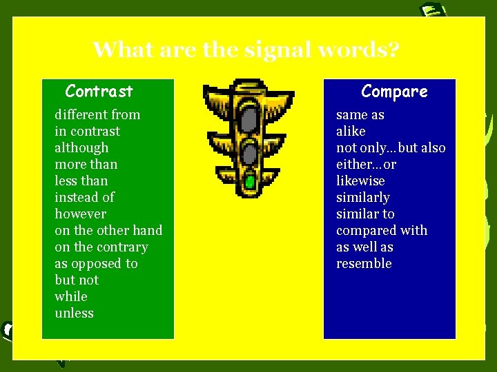 What are the signal words? Contrast different from in contrast although more than less