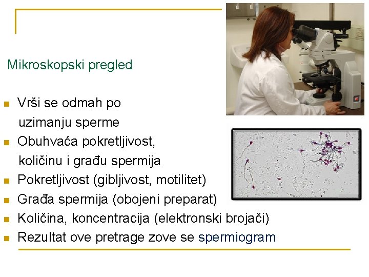 Mikroskopski pregled n n n Vrši se odmah po uzimanju sperme Obuhvaća pokretljivost, količinu