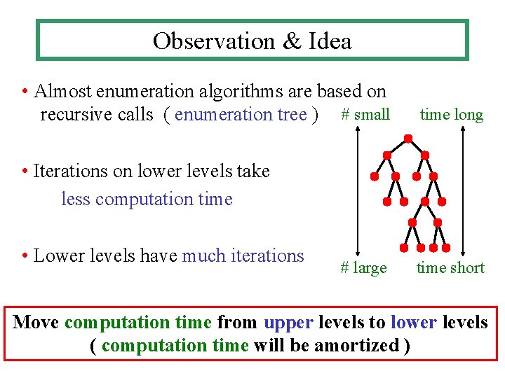 Observation & Idea • Almost enumeration algorithms are based on recursive calls ( enumeration