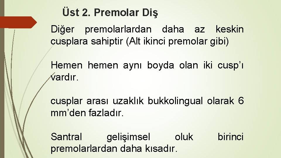 Üst 2. Premolar Diş Diğer premolarlardan daha az keskin cusplara sahiptir (Alt ikinci premolar Üst 2. Premolar Diş Diğer premolarlardan daha az keskin cusplara sahiptir (Alt ikinci premolar