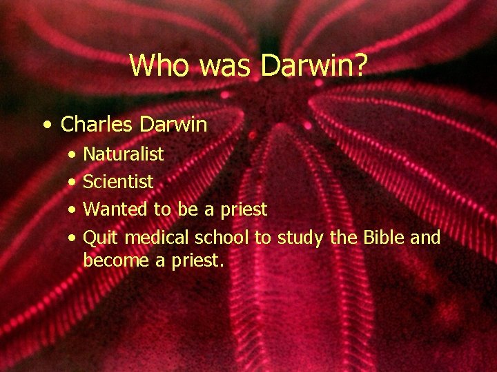 Who was Darwin? • Charles Darwin • • Naturalist Scientist Wanted to be a