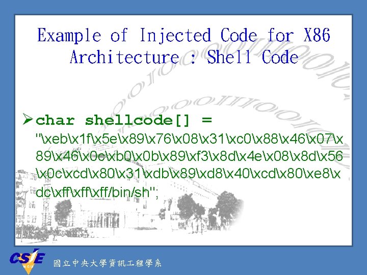Example of Injected Code for X 86 Architecture : Shell Code Ø char shellcode[]