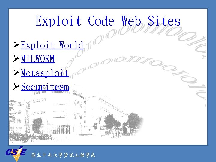 Exploit Code Web Sites Ø Exploit World Ø MILWORM Ø Metasploit Ø Securiteam 國立中央大學資訊