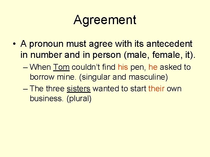 Agreement • A pronoun must agree with its antecedent in number and in person