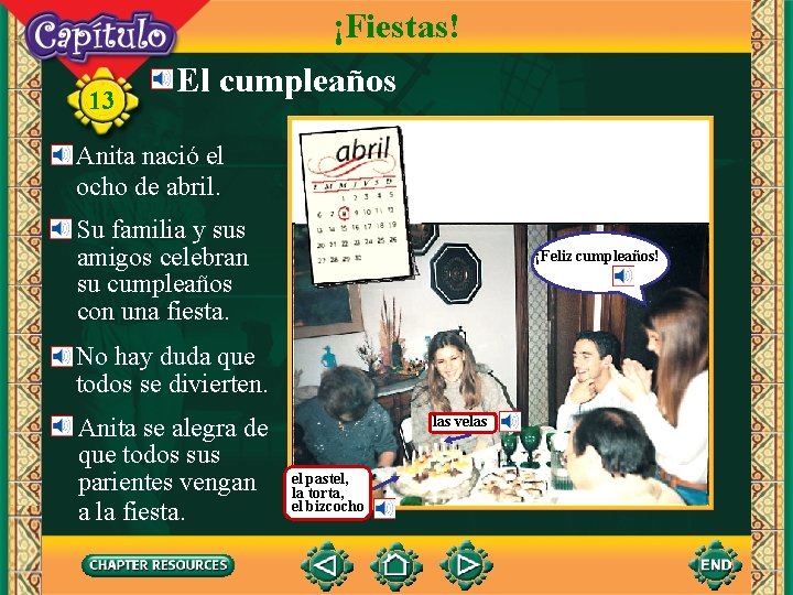 ¡Fiestas! 13 El cumpleaños Anita nació el ocho de abril. Su familia y sus