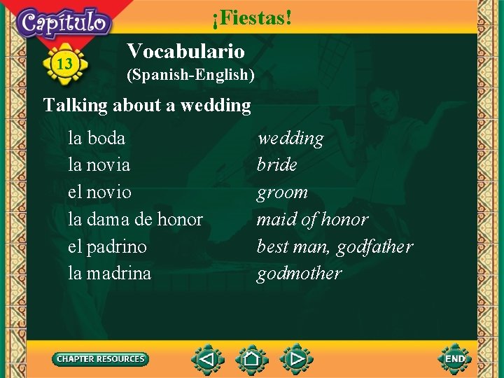 13 ¡Fiestas! Vocabulario (Spanish-English) Talking about a wedding la boda la novia el novio