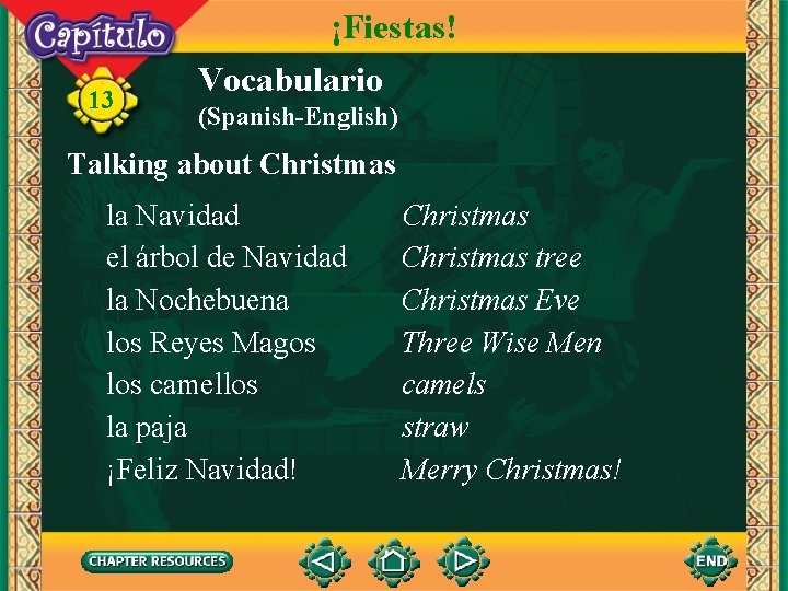 13 ¡Fiestas! Vocabulario (Spanish-English) Talking about Christmas la Navidad el árbol de Navidad la