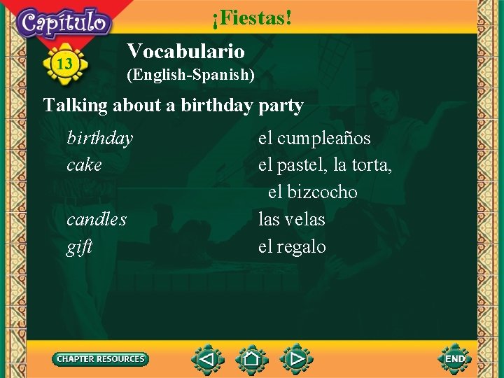 13 ¡Fiestas! Vocabulario (English-Spanish) Talking about a birthday party birthday cake candles gift el