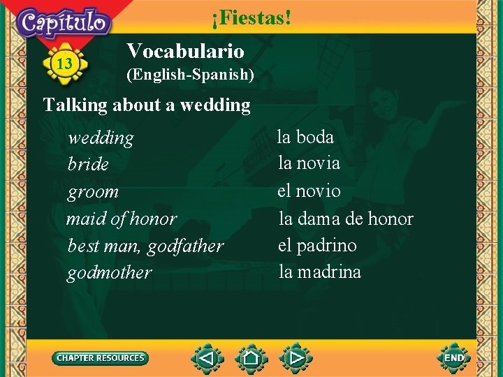 13 ¡Fiestas! Vocabulario (English-Spanish) Talking about a wedding bride groom maid of honor best