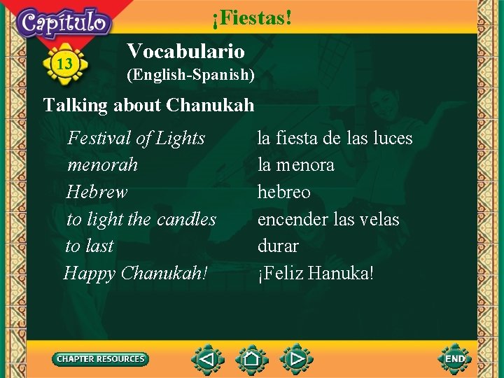 13 ¡Fiestas! Vocabulario (English-Spanish) Talking about Chanukah Festival of Lights menorah Hebrew to light