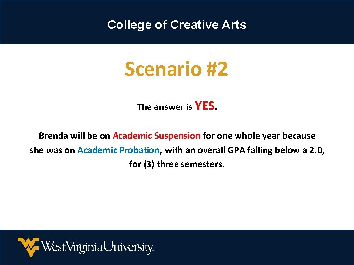 College of Creative Arts Scenario #2 The answer is YES. Brenda will be on College of Creative Arts Scenario #2 The answer is YES. Brenda will be on