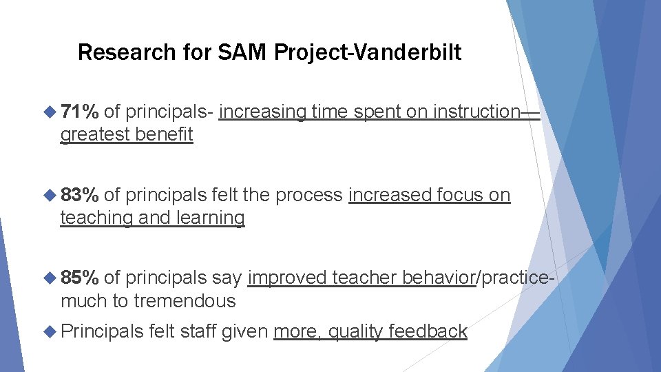 Research for SAM Project-Vanderbilt 71% of principals- increasing time spent on instruction— greatest benefit