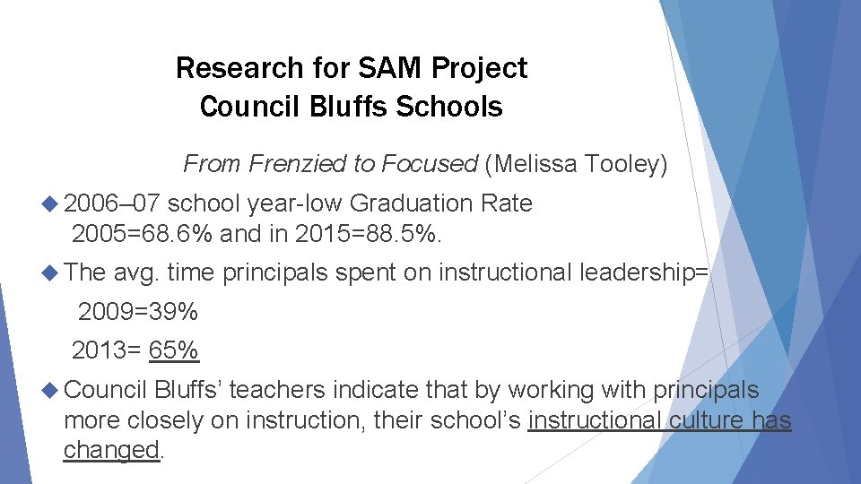 Research for SAM Project Council Bluffs Schools From Frenzied to Focused (Melissa Tooley) 2006–