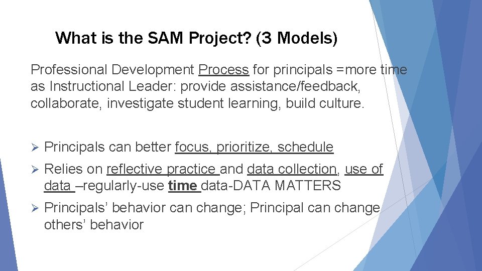 What is the SAM Project? (3 Models) Professional Development Process for principals =more time