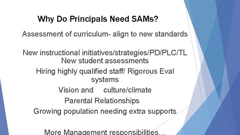 Why Do Principals Need SAMs? Assessment of curriculum- align to new standards New instructional