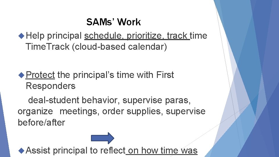 SAMs’ Work Help principal schedule, prioritize, track time Time. Track (cloud-based calendar) Protect the