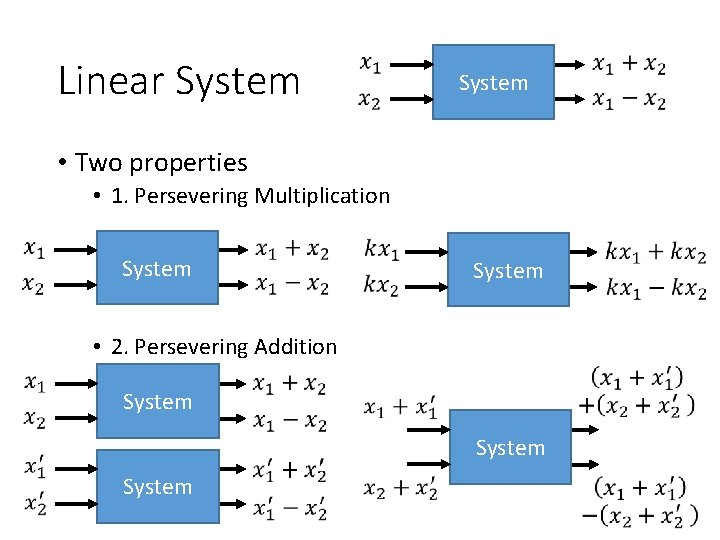Linear System • Two properties • 1. Persevering Multiplication System • 2. Persevering Addition