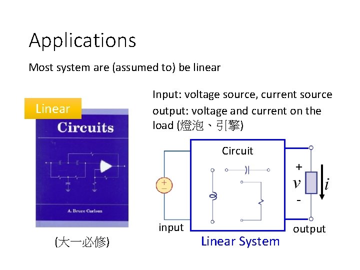 Applications Most system are (assumed to) be linear Linear Input: voltage source, current source