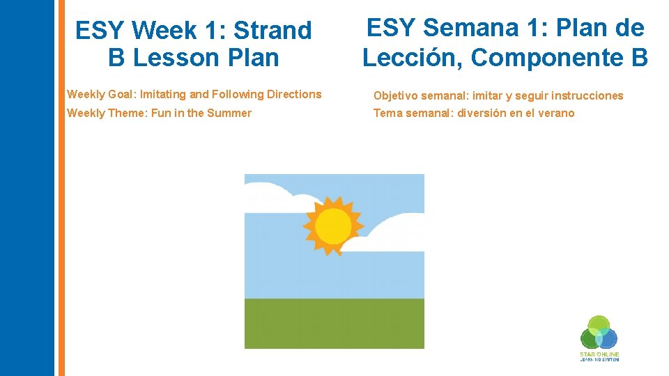 ESY Week 1: Strand B Lesson Plan ESY Semana 1: Plan de Lección, Componente