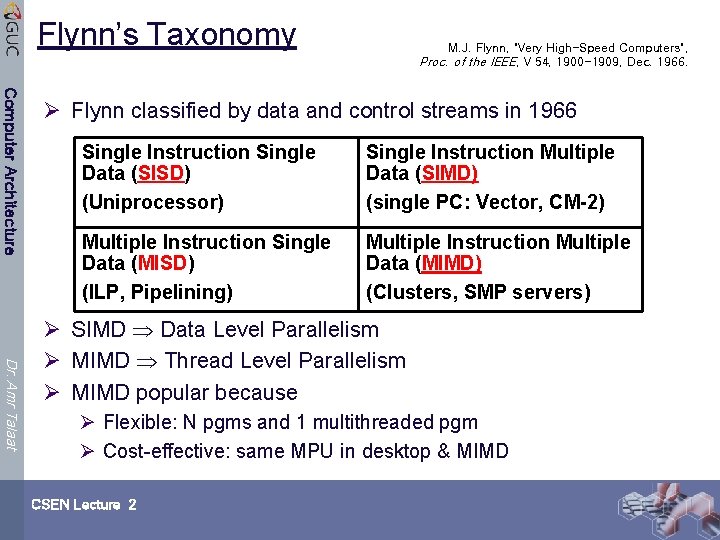 Flynn’s Taxonomy M. J. Flynn, "Very High-Speed Computers", Proc. of the IEEE, V 54,