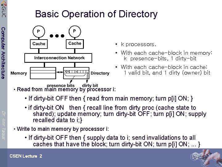 Basic Operation of Directory Computer Architecture • k processors. • With each cache-block in
