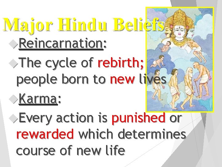 Major Hindu Beliefs Reincarnation: The cycle of rebirth; people born to new lives Karma: