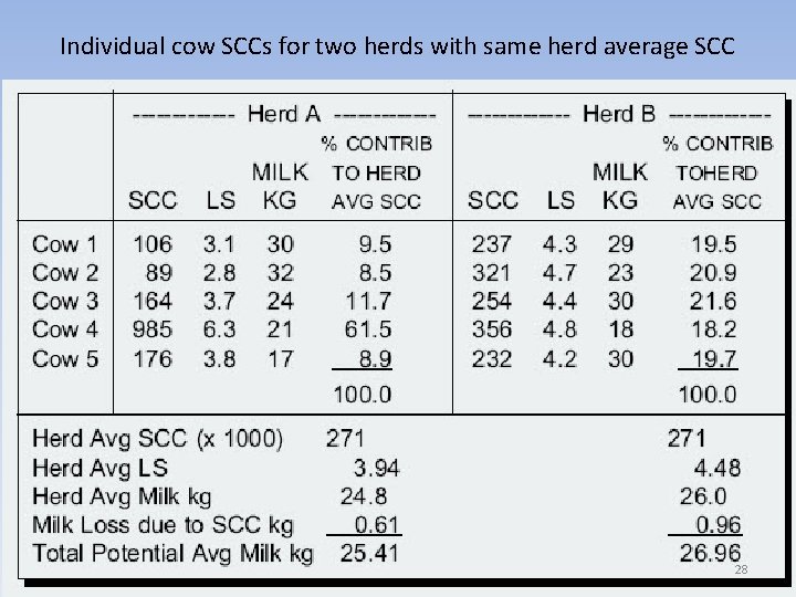 Individual cow SCCs for two herds with same herd average SCC 28 