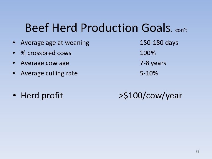 Beef Herd Production Goals, con’t • • Average at weaning % crossbred cows Average