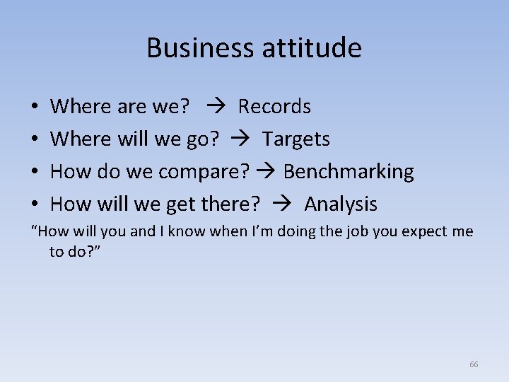 Business attitude • • Where are we? Records Where will we go? Targets How