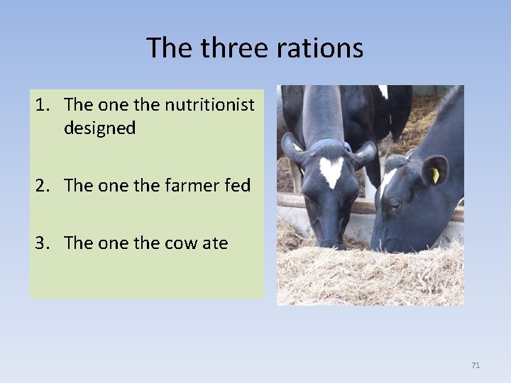 The three rations 1. The one the nutritionist designed 2. The one the farmer