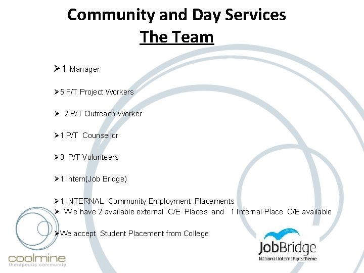 Community and Day Services The Team Ø 1 Manager Ø 5 F/T Project Workers