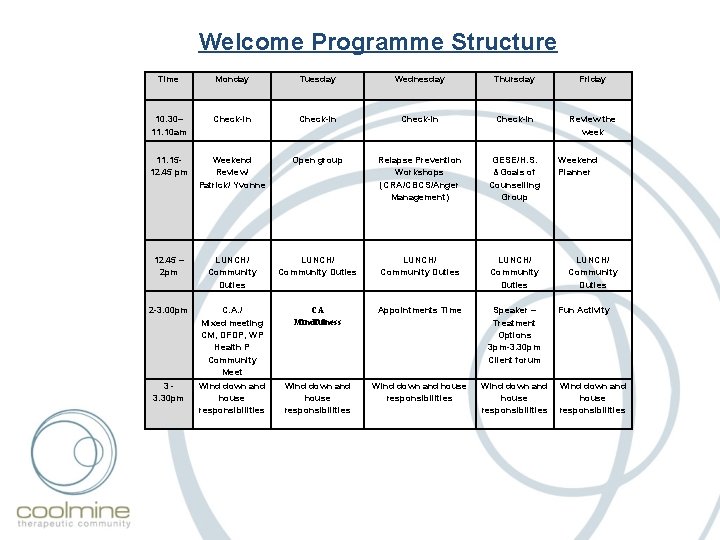 Welcome Programme Structure Time Monday Tuesday Wednesday Thursday Friday 10. 30– 11. 10 am