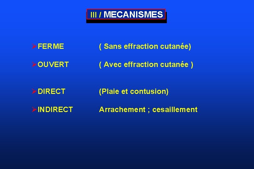 III / MECANISMES ØFERME ( Sans effraction cutanée) ØOUVERT ( Avec effraction cutanée )