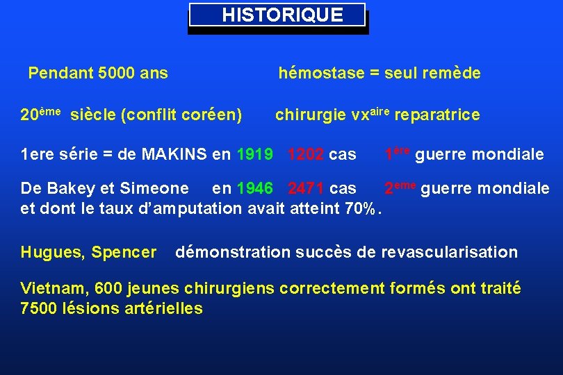 HISTORIQUE Pendant 5000 ans hémostase = seul remède 20ème siècle (conflit coréen) chirurgie vxaire