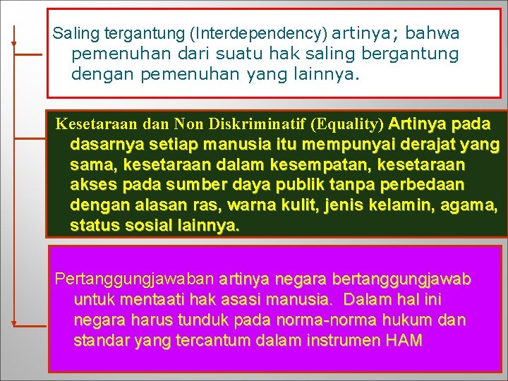 Saling tergantung (Interdependency) artinya; bahwa pemenuhan dari suatu hak saling bergantung dengan pemenuhan yang