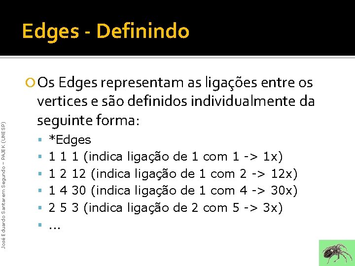 Edges - Definindo José Eduardo Santarem Segundo – PAJEK (UNESP) Os Edges representam as