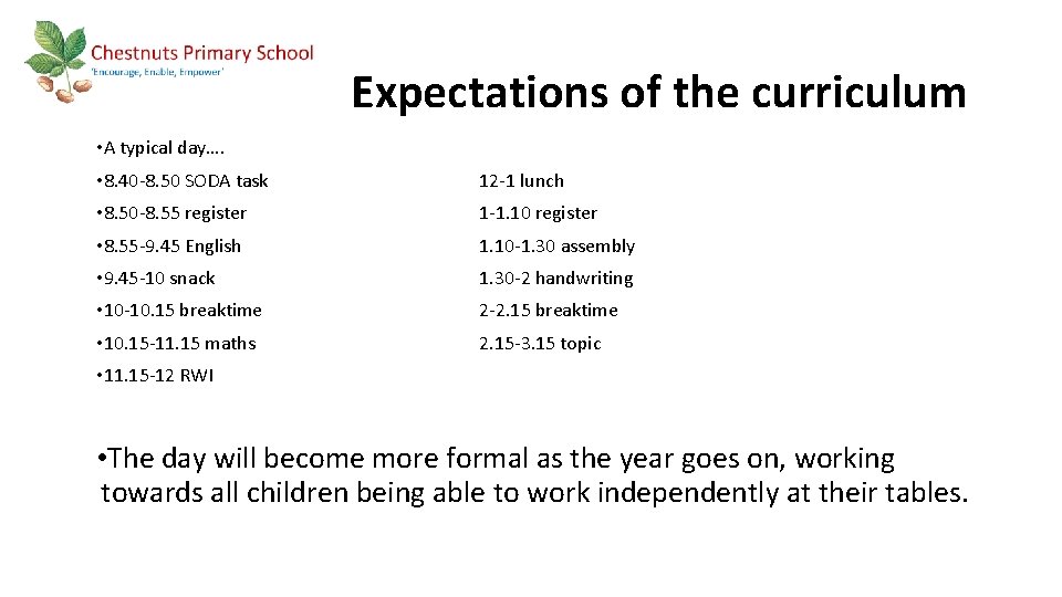 Expectations of the curriculum • A typical day…. • 8. 40 -8. 50 SODA