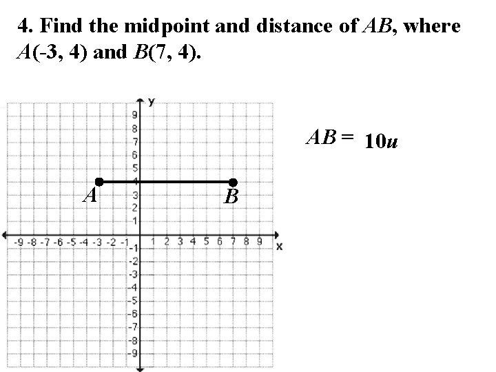 4. Find the midpoint and distance of AB, where A(-3, 4) and B(7, 4).
