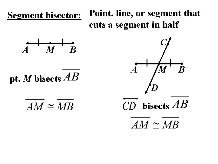 Segment bisector: Point, line, or segment that cuts a segment in half A M
