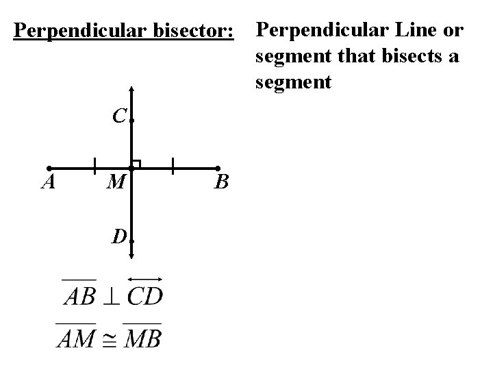 Perpendicular bisector: Perpendicular Line or segment that bisects a segment C A M D